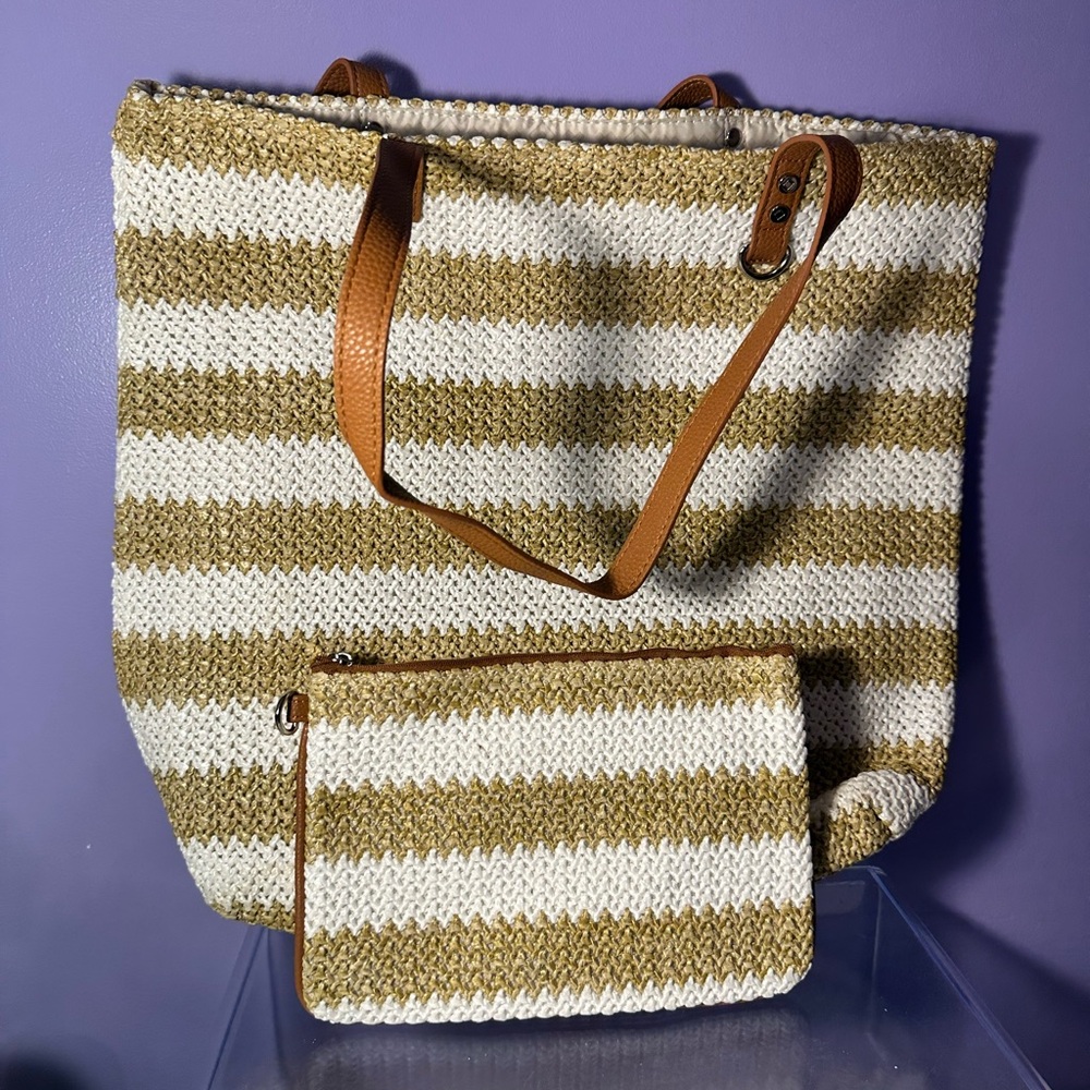 Striped Tan and Cream Tote Bag with Pouch